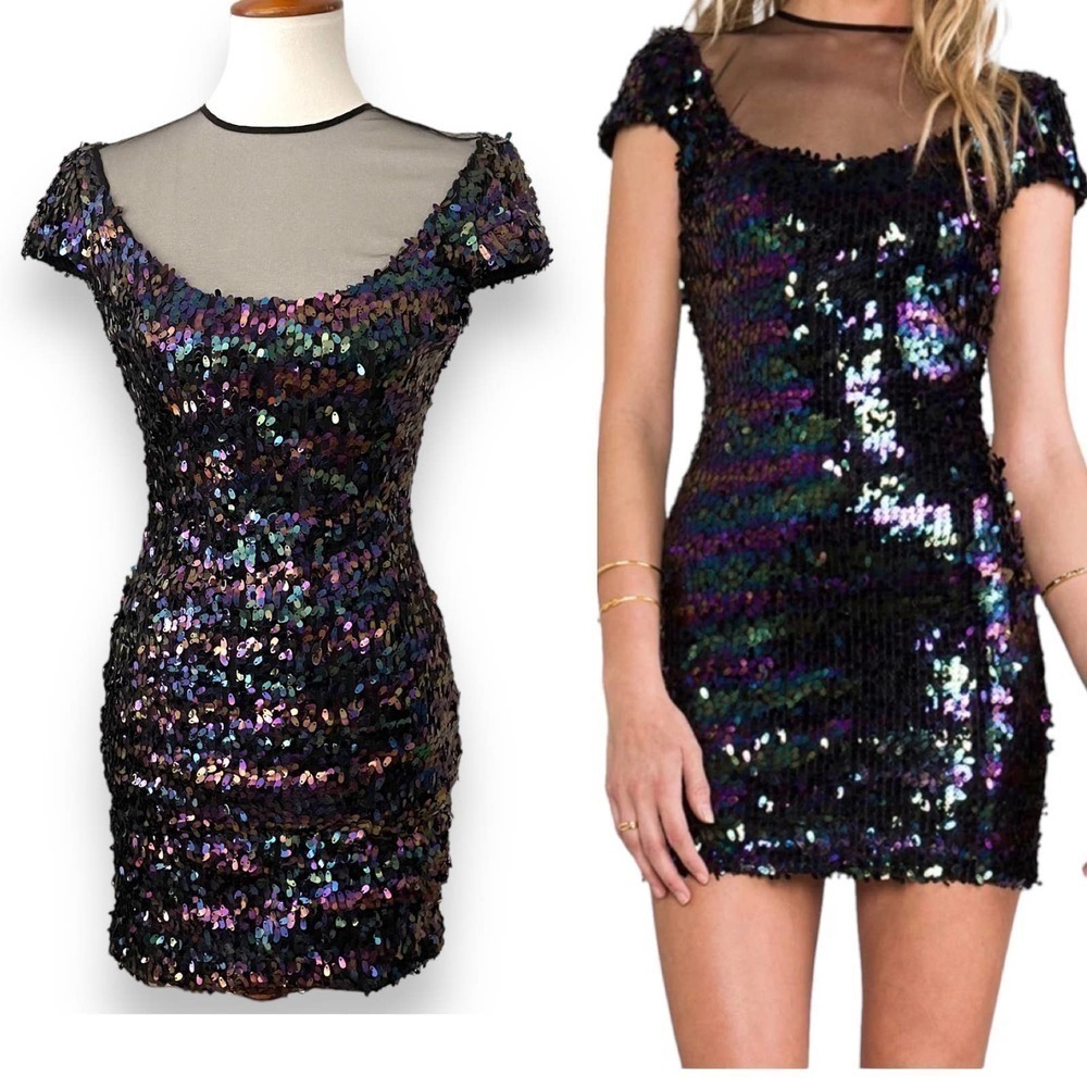 Dress The Population Annalyn Black Mesh Sequin Mini Bodycon Dress Size Medium